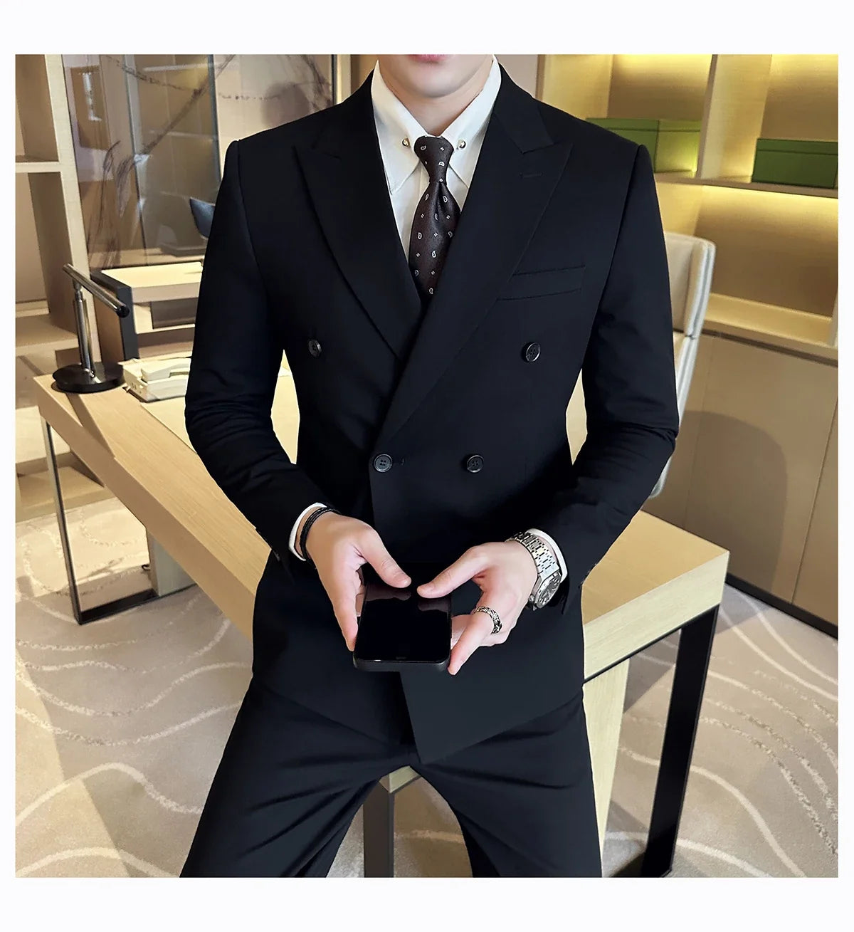 Men's Double Breasted Suit Set – Slim Fit Blazer, Vest & Pants for Wedding & Business