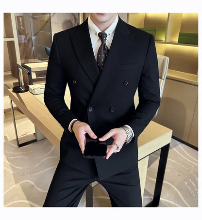 Men's Double Breasted Suit Set – Slim Fit Blazer, Vest & Pants for Wedding & Business