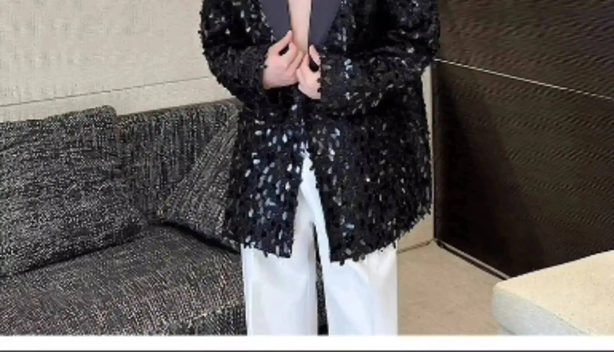 Design Patchwork Burr Original Casual Shoulder Pad Sequin Blazer Coat Men's 2025 Autumn Fashion Temperament Jacket JY7384