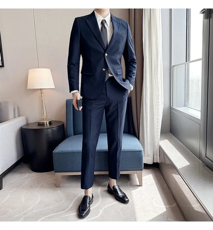 Jacket + Pants 2 Pieces Men's Elegant Fashion Slim Fit Suits Formal Business Wedding Tuxedos Casual Gentleman Solid Dress Suit