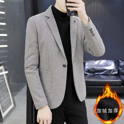 Blazer: An Outdoor Fashion Business Gentleman Pure Color Wedding Host Slim-fit Casual Korean-style Versatile Men Fleece Blazer