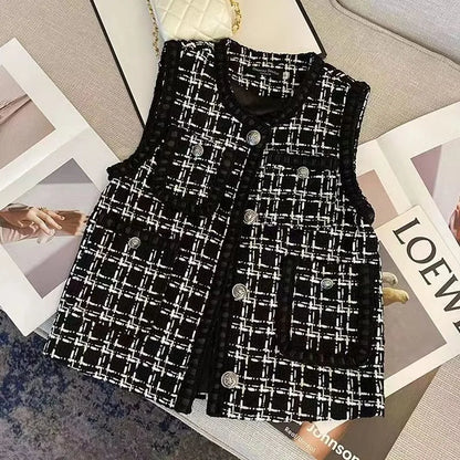Spring Autumn Women's Vest New Plaid Single-breasted Sleeveless Small Fragrance Jacket Female Waistcoat Outerwear Chaleco Mujer