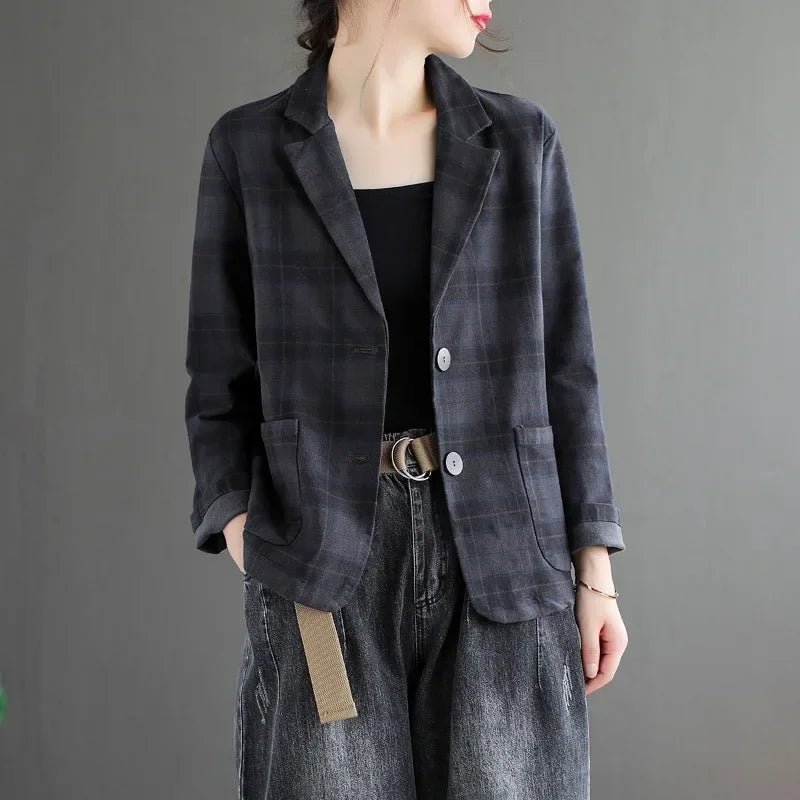 Fashion Chic Cotton Plaid Blazer Female Spring and Autumn New Literary Retro Elegant Commuter Small Incense Wind Jacket Women