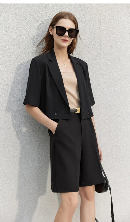 Minimalism Women's Jacket Casual Blazer 2024 Summer Shirts Office Lady Black Business Blazers Short Sleeve Tops 12322062