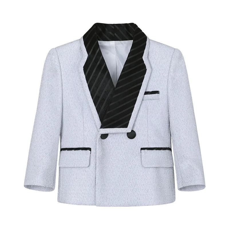 Boys Elegant Silver Suit Set Kids Piano Host Speech Catwalk Performance Costume Children's Wedding Birthday Photogrpahy Outfit