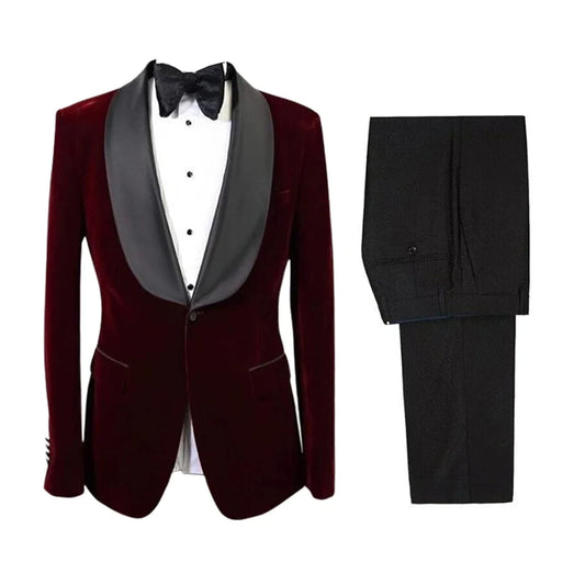 2 Piece Burgundy Velvet Men Wedding Suit Casual Groom Tuxedos Shawl Lapel Prom Blazer Wedding Business Suits Set(Jacket+Pants)