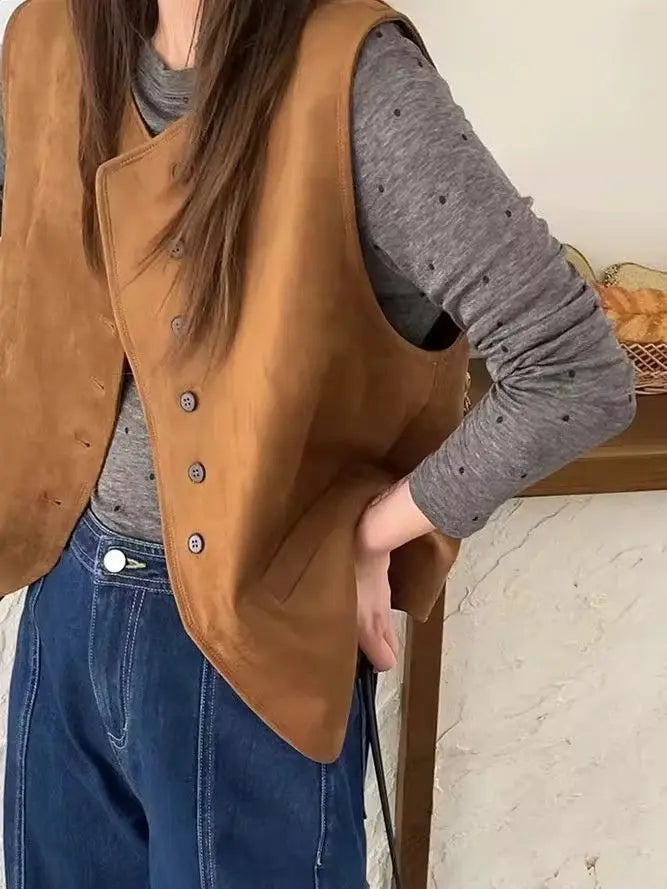 Spring Autumn Suede Sleeveless Vest For Women New O-Neck Single Breasted Waistcoat Female Korean Loose Short Vest Jacket