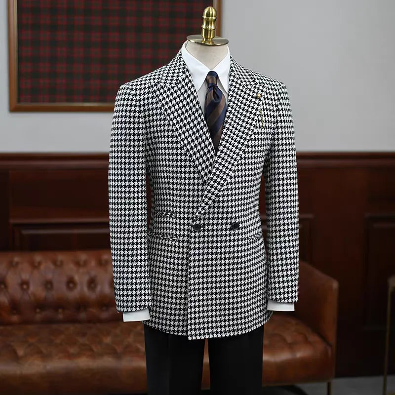 Plaid Houndstooth Men Suits Jacket With Belt Elegant Peaked Lapel Double Breasted Party Prom Blazer One Piecs For Formal Evening