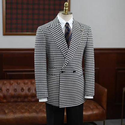 Plaid Houndstooth Men Suits Jacket With Belt Elegant Peaked Lapel Double Breasted Party Prom Blazer One Piecs For Formal Evening