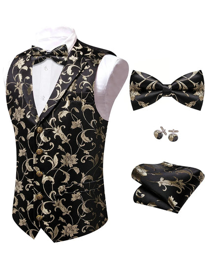 Men's Floral Jacquard Vest Bowtie Set – Pink Wedding Waistcoat for Men