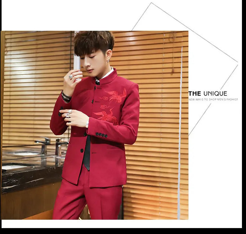 Suit (Blazer + Trousers) Men's Chinese-Style Stand-Up Collar Wedding & Business Suit