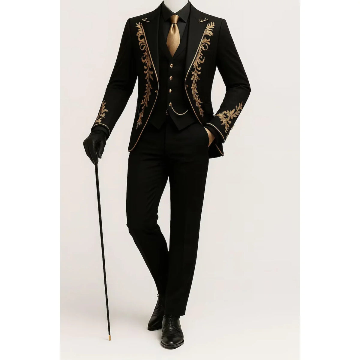 Men Black Formal 3 Pieces Tuxedo Suit Gold Floral Embroidery Shawl Collar Blazer Waistcoat Pants Wedding Groom Customized