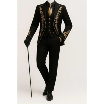 Men Black Formal 3 Pieces Tuxedo Suit Gold Floral Embroidery Shawl Collar Blazer Waistcoat Pants Wedding Groom Customized