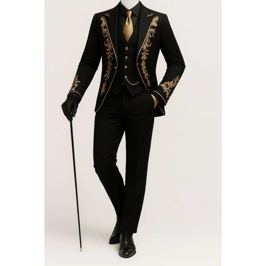 Men Black Formal 3 Pieces Tuxedo Suit Gold Floral Embroidery Shawl Collar Blazer Waistcoat Pants Wedding Groom Customized