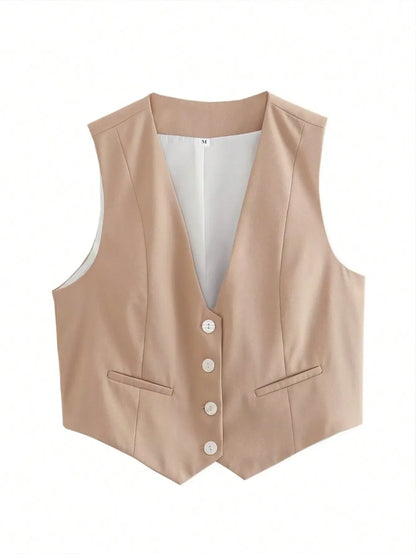 Fashion Women Vest Sleeveless Vests for Women Chic V-Neck Single-Breasted Ladies Elegant White Waistcoat Tops
