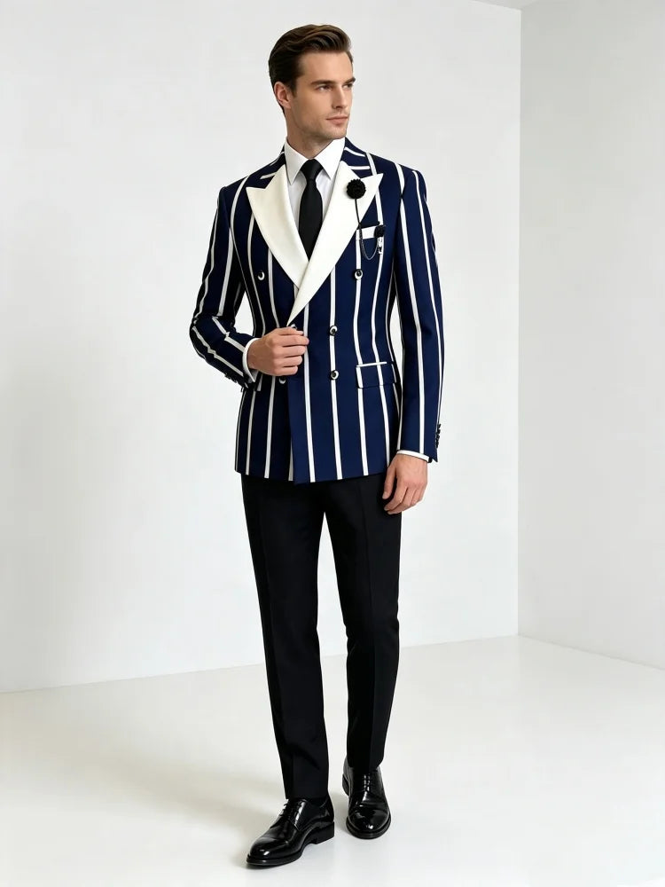 Men's Slim Fit Business Blazer Double Navy Breasted Strip Decor Lapel Flower Brooch Formal Suit Jacket Wedding Groom Work Party