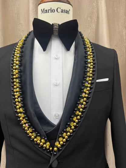 Luxurious Pearls Man Slim Fit Suits 3 Pieces Birthday Party Wear Handsome Shawl Lapel Men's Suit Set Wedding Groom Sets S-3XL