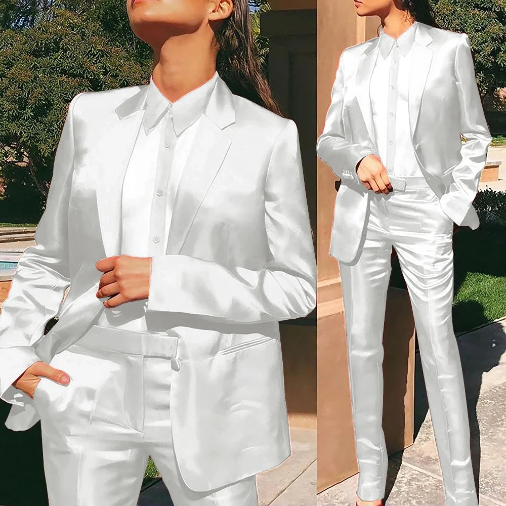 Women’s Red Satin Suit 2 Piece (Jacket+Pants) Set Gorgeous Single-breasted Blazer for Evening Party Formal Cocktail Streetwear