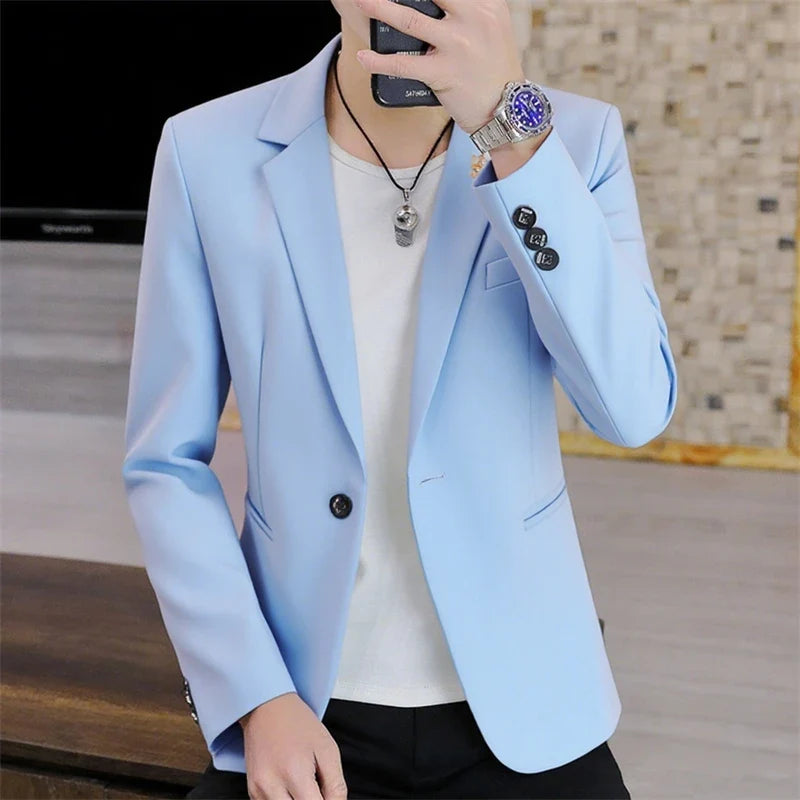 Men's Casual Blazer Korean Style Single Breasted Slim Fit Coat for Spring Autumn
