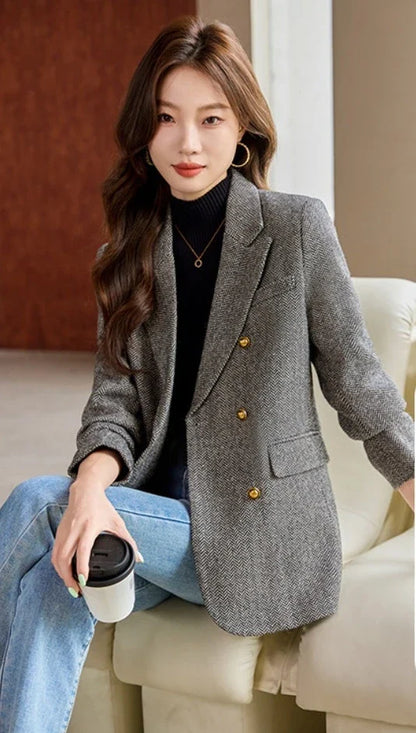 Fashion Grey Blazer Women Coffee Long Sleeve Casual Jacket for Autumn Winter Female Coats Double-Breasted Suit Women’s Clothing