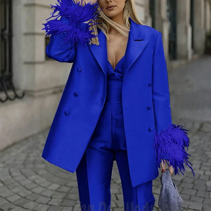 Classic Satin Women's Suit Set 2 Piece Exquisite Feather Double Breasted Jacket With Pants Evening Party Luxury Trouser Suits