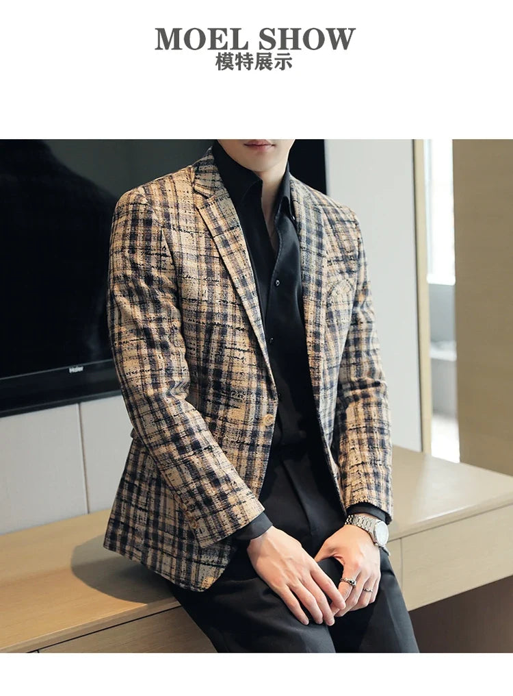 British Style Plaid Woven Casual Suit Jacket for Men Slim Fit Business Social Dress Coats Wedding Party Banquet Office Blazers