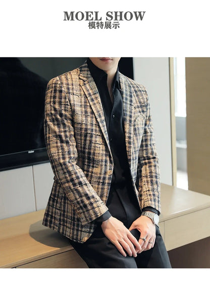 British Style Plaid Woven Casual Suit Jacket for Men Slim Fit Business Social Dress Coats Wedding Party Banquet Office Blazers