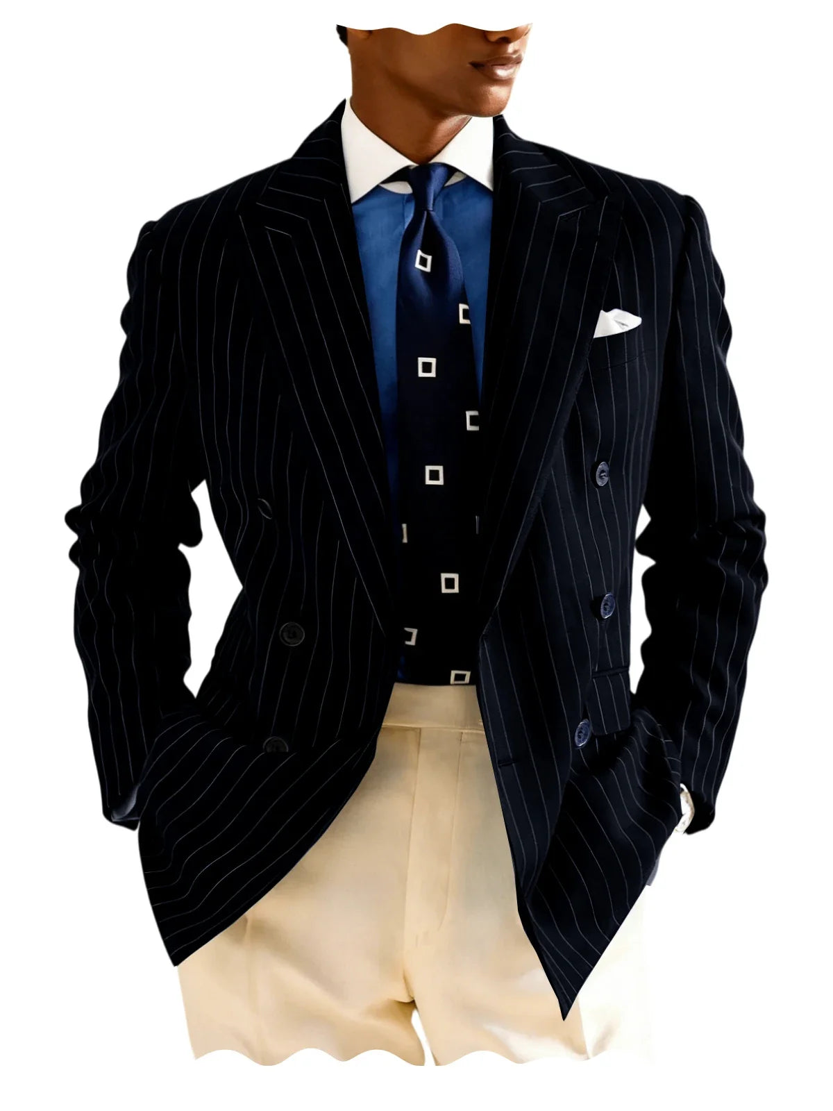Navy Blue Striped Pattern Business Suit Jacket Double Breasted Slim Fit Blazer Casual Formal Attire Office Groom's Wedding Dress