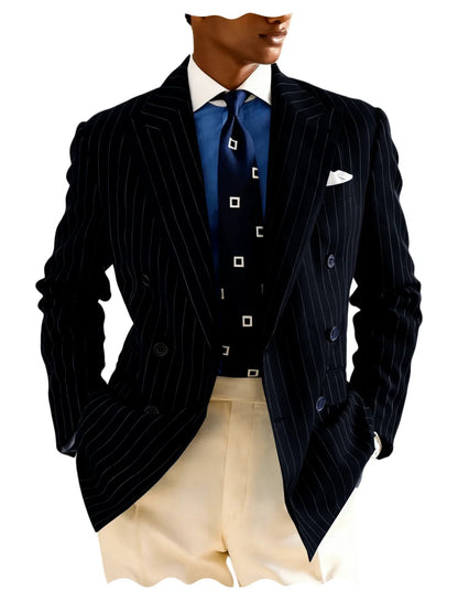 Navy Blue Striped Pattern Business Suit Jacket Double Breasted Slim Fit Blazer Casual Formal Attire Office Groom's Wedding Dress