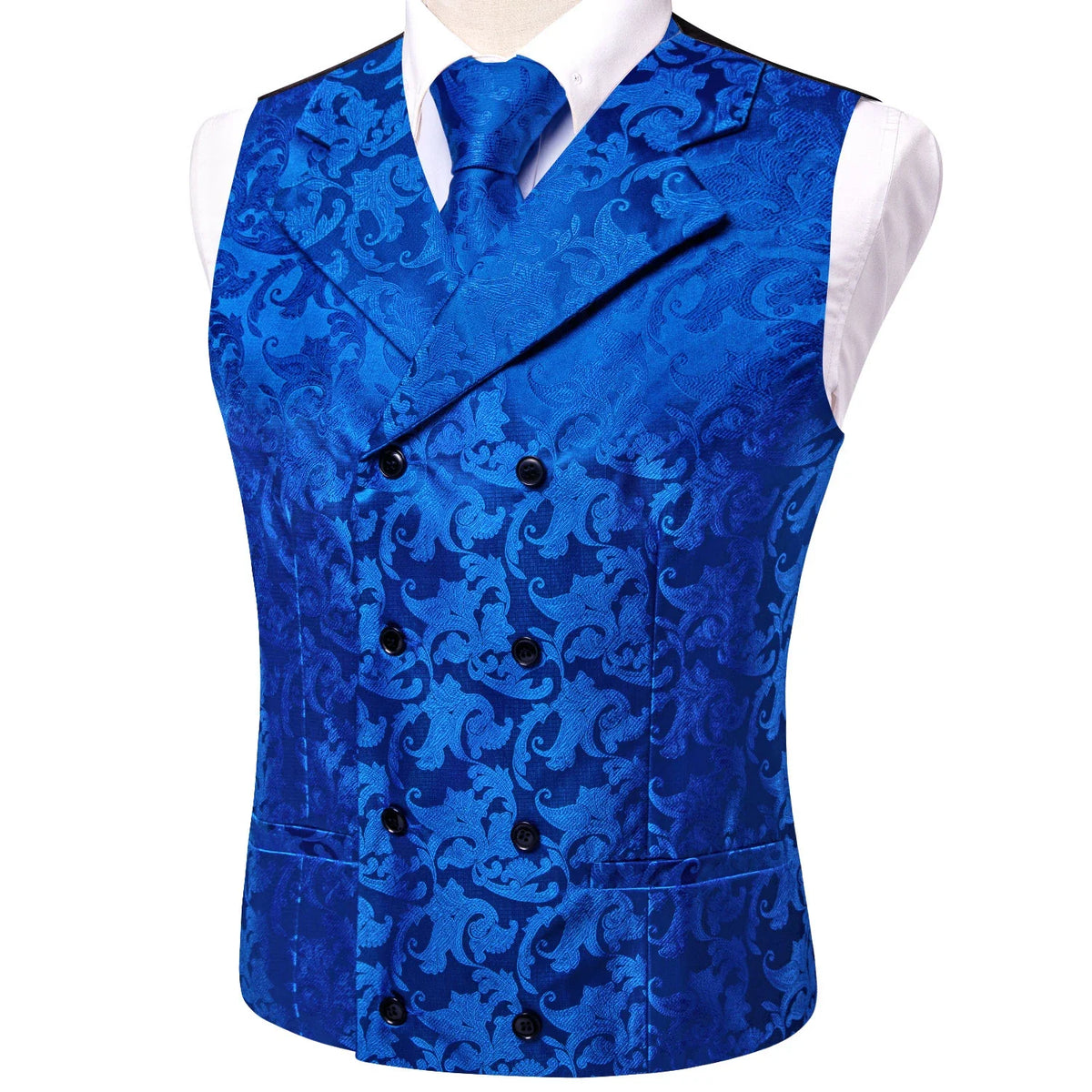 Men's Double Breasted Vest Set – Floral Jacquard Waistcoat with Tie, Pocket Square & Cufflinks for Weddings & Formal Events