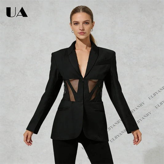 Modern Women's Black Blazer with Transparent Corset Detail for Club Night Masquerade Ball Bold Alluring Outfit
