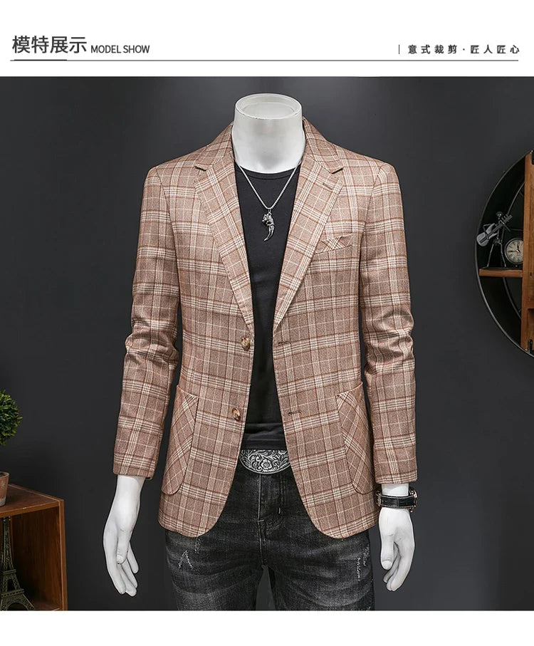 Top Quality Luxury Plaid Business Slim Fit Men Blazer Jacket 2024 Spring Autumn Casual Blazers For Men Elegant Dress Suit Jacket