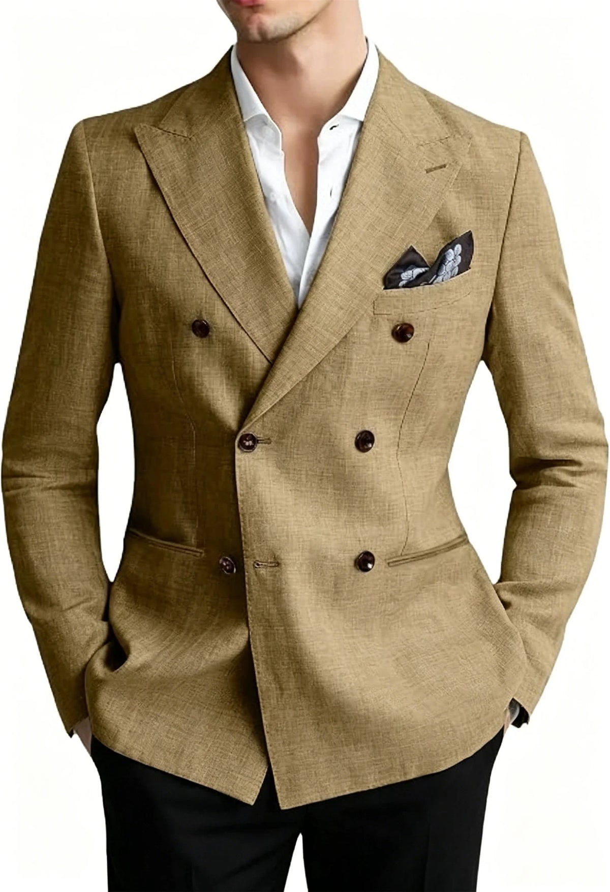 Men’s Linen Blend Suit Blazer Double Breasted Casual Peak Lapel British Style Jacket  Soft Breathable Men Suit For Summer Beach