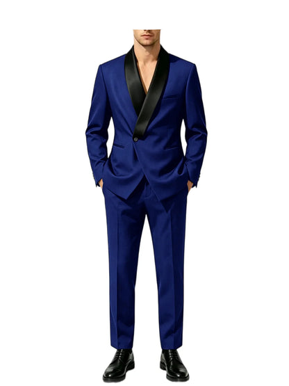 Men's Slim Fit Tuxedo Suit with Black Satin Shawl Lapel – 2-Piece Blazer & Pants for Wedding, Prom & Formal Events
