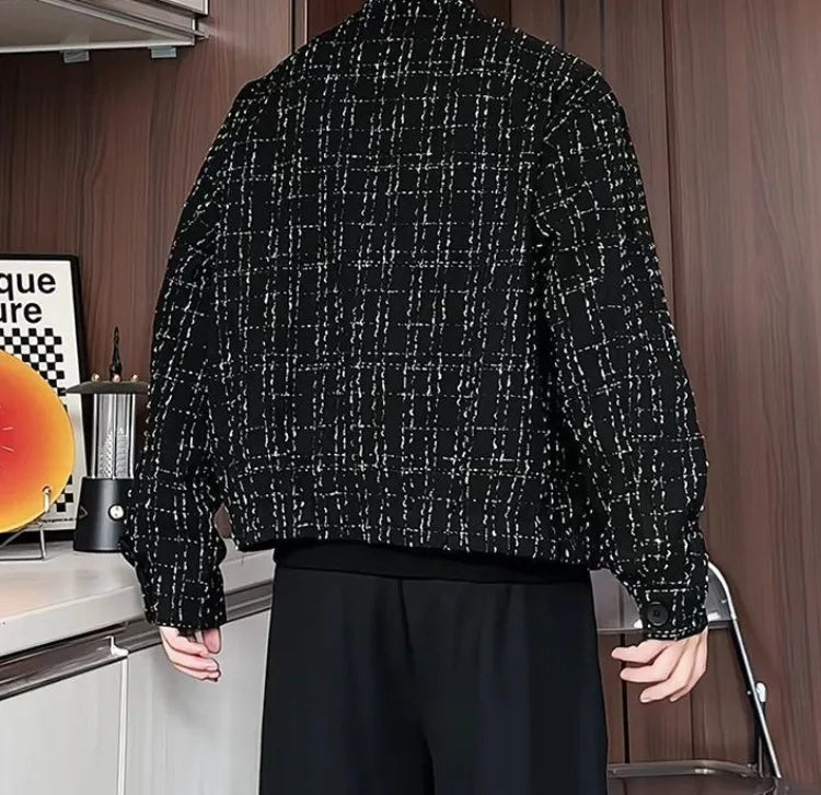 Men's Spring High-End Plaid Blazer Bad Boy Style Cropped Jacket Chinese Stand Collar Suit Outerwear
