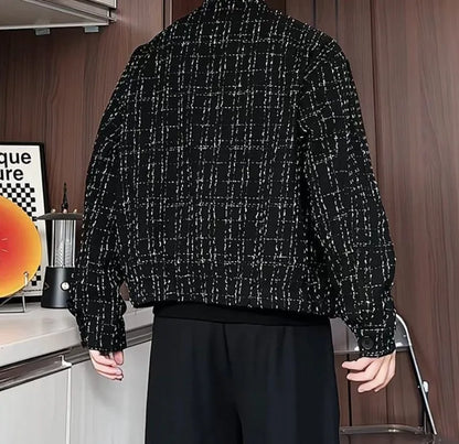 Men's Spring High-End Plaid Blazer Bad Boy Style Cropped Jacket Chinese Stand Collar Suit Outerwear