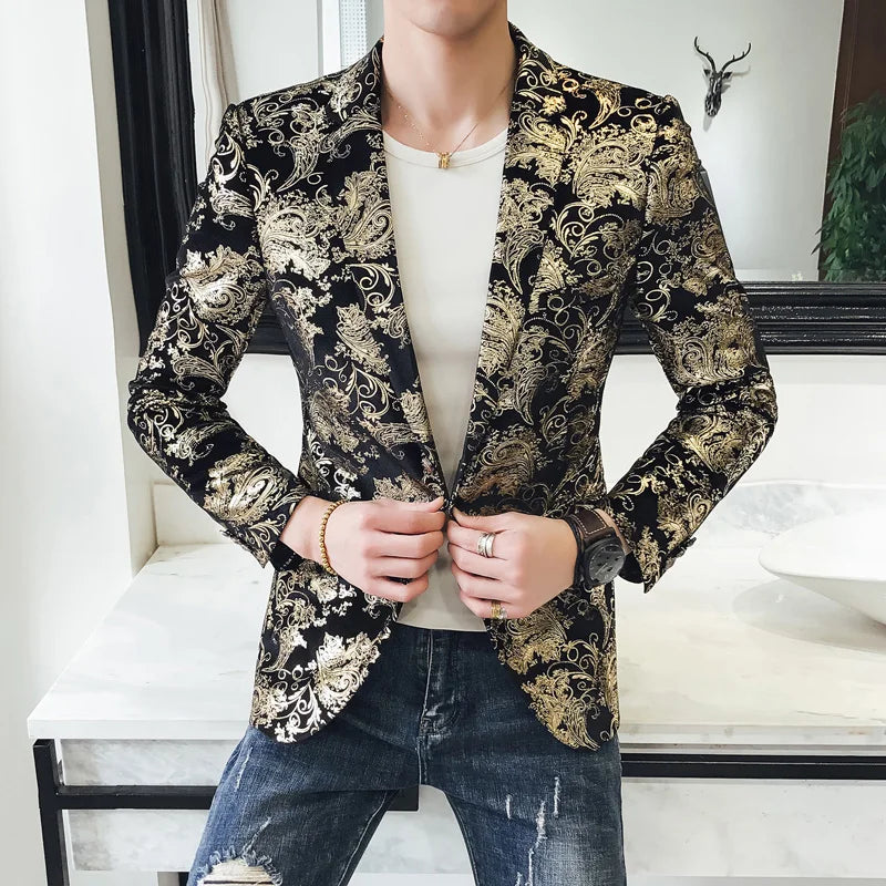 Luxury Gold Embroidered Suit Jacket Men Stage Singer Casual Blazers Male Business Wedding Groom Social Host Dress Coat M-5XL