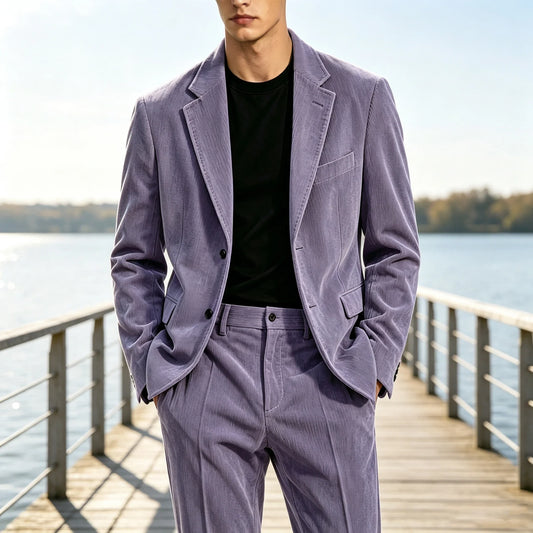 Men's Corduroy 2-Piece Suit Set Notched Lapel Blazer & Straight-Leg Pants – Smart Casual Business Suit