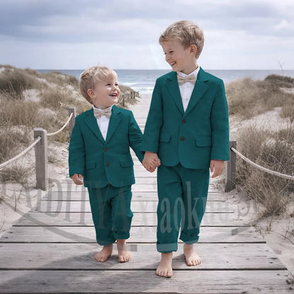 Beige Linen 2 Pieces Boys Suit Jacket Pants Kids Ring Bearer Outfit Breathable Summer Beach Wedding Birthday Party Costume