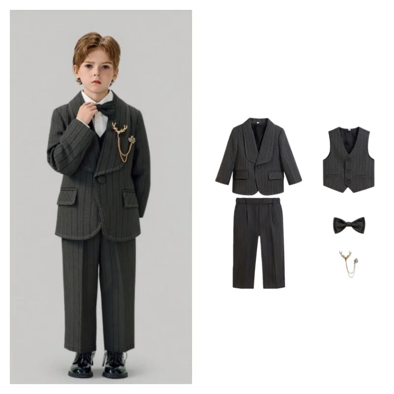 Kids Striped Suit Set Flower Boys Wedding Outfit Children's Jacket Vest Pants Bowtie Brooch 5Pieces Spring Autumn Clothes Set