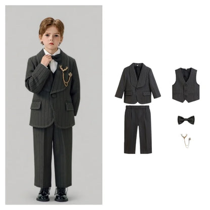 Kids Striped Suit Set Flower Boys Wedding Outfit Children's Jacket Vest Pants Bowtie Brooch 5Pieces Spring Autumn Clothes Set
