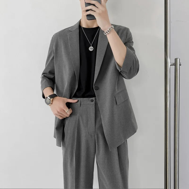2022 Fashion Summer 2-piece Set Solid Color Single-breasted Casual Simple Student Wear Homme Loose Suits Wear (Blazers + Pants)