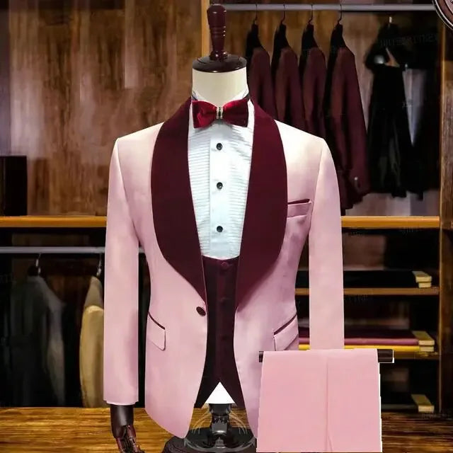 White men Wedding Suits For Groom With Gold Shawl Lapel 3 Piece Custom Slim Fit Men Suits Set Jacket Vest Pant