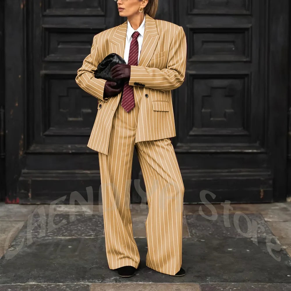 Burgundy Striped Casual Women Suit Two Pieces Jacket Pants Loose Fit Peak Lapel Blazer Set Evening Party Prom Lady Outfit