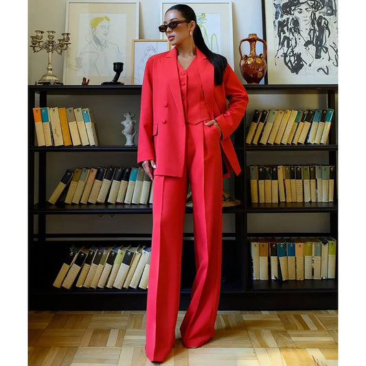 Red Women Suit Double-breasted Peaked Lapel Three Pieces (Jacket+High-waisted Straight Leg Pants+Short Vest) Wedding Guest Set