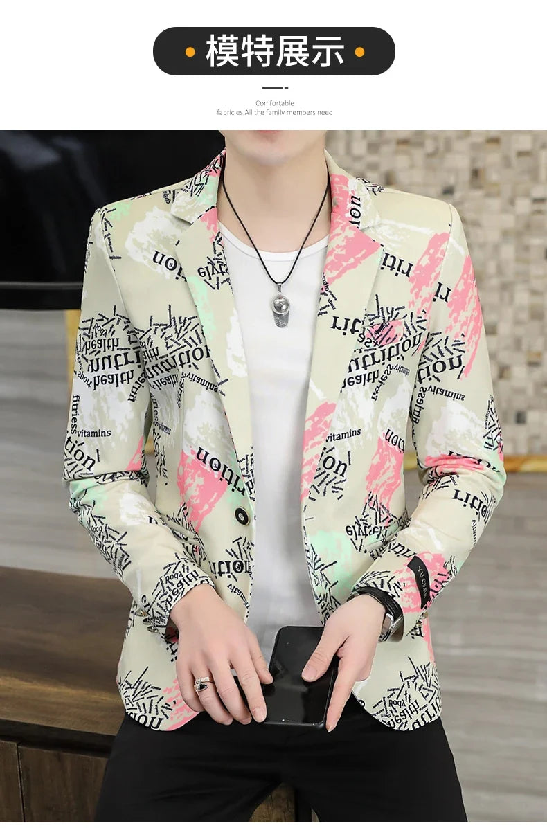 2022 New Fashion Print Suit Jacket Men's Slim Fit Casual Blazers Streetwear Social Club Prom Formal Party Suit Coats Hommes
