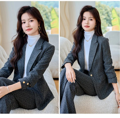 Fashion Women Suits 2024 New Autumn Winter Temprament Business Formal Slim Blazer And Flare Pants Office Ladies Work Wear