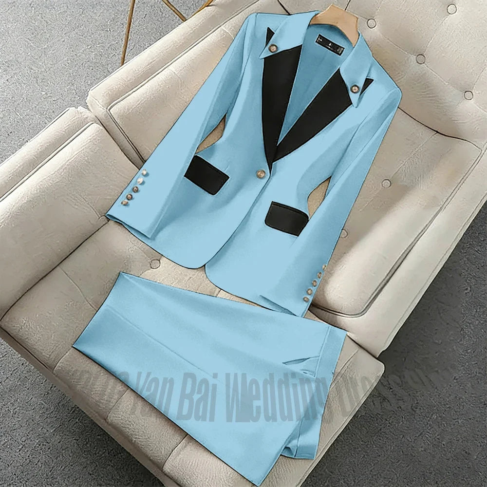 New Unique Women Pant Suit Contrast Color Modern Outfit One-Button Peaked Lapel Casual Fashion Daily Female Clothes Set 2 Piece
