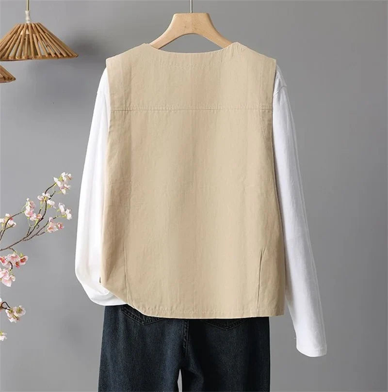 Spring Femme Fashion Vest Outwear Retro Ladies Solid Color Casual Sleeveless Jacket Autumn Women Round Neck Loose Waistcoat Coat