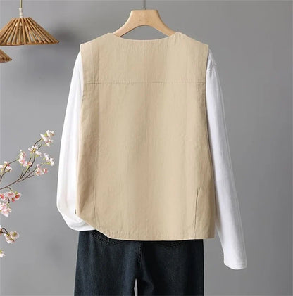 Spring Femme Fashion Vest Outwear Retro Ladies Solid Color Casual Sleeveless Jacket Autumn Women Round Neck Loose Waistcoat Coat